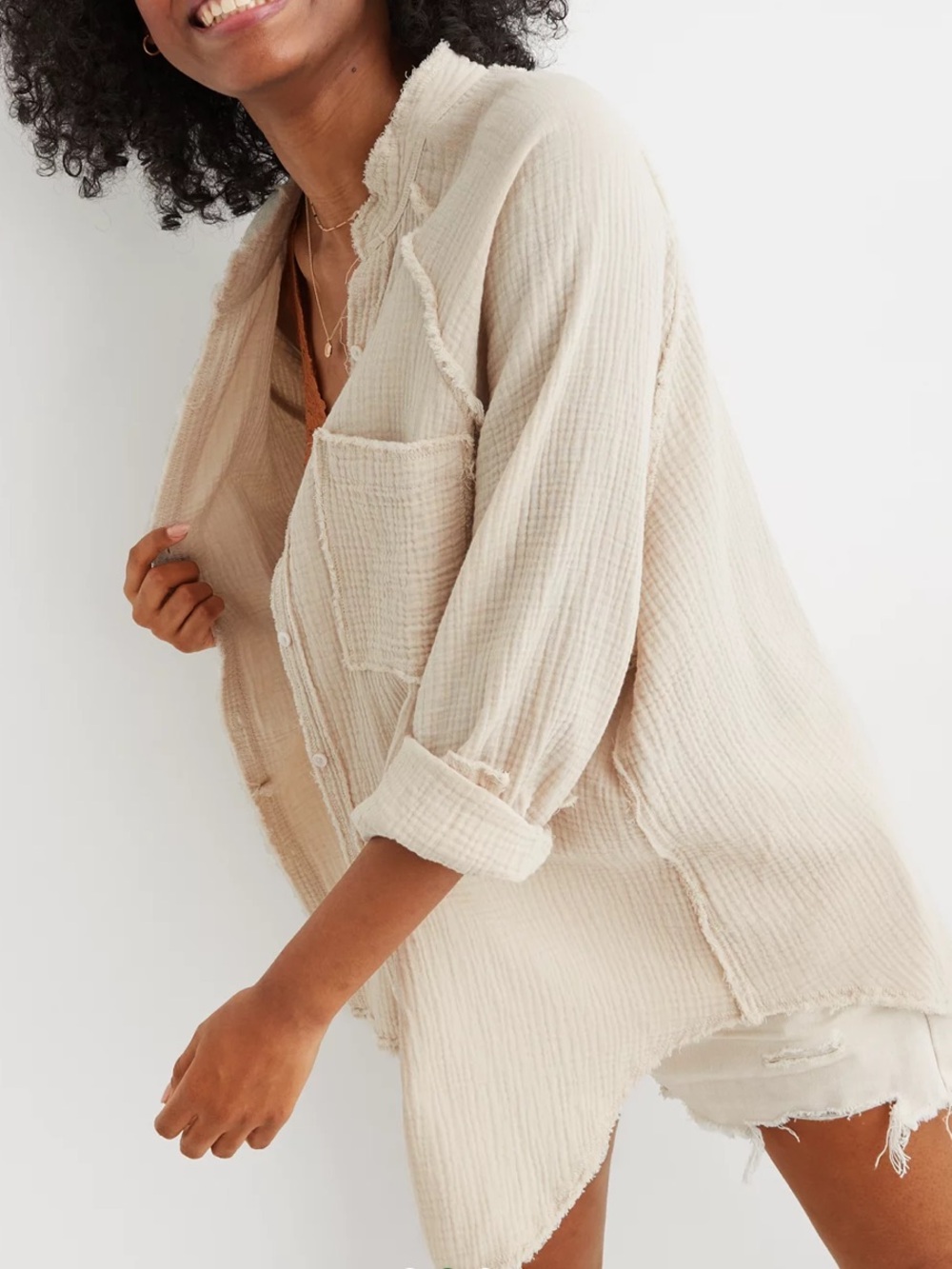 Aerie Sz L Gauzy Button down Shirt Lightweight Textured Beige Cream Boho Preppy